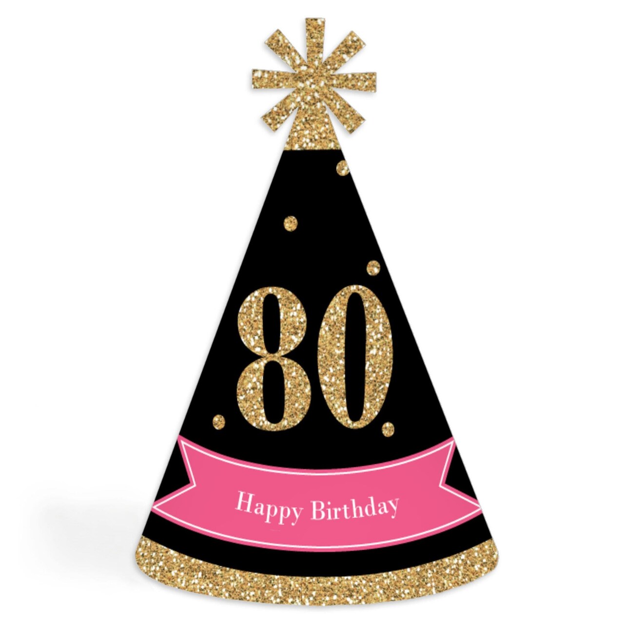 Big Dot of Happiness Chic 80th Birthday - Pink, Black and Gold - Cone Happy Birthday Party Hats for Adults - Set of 8 (Standard Size)